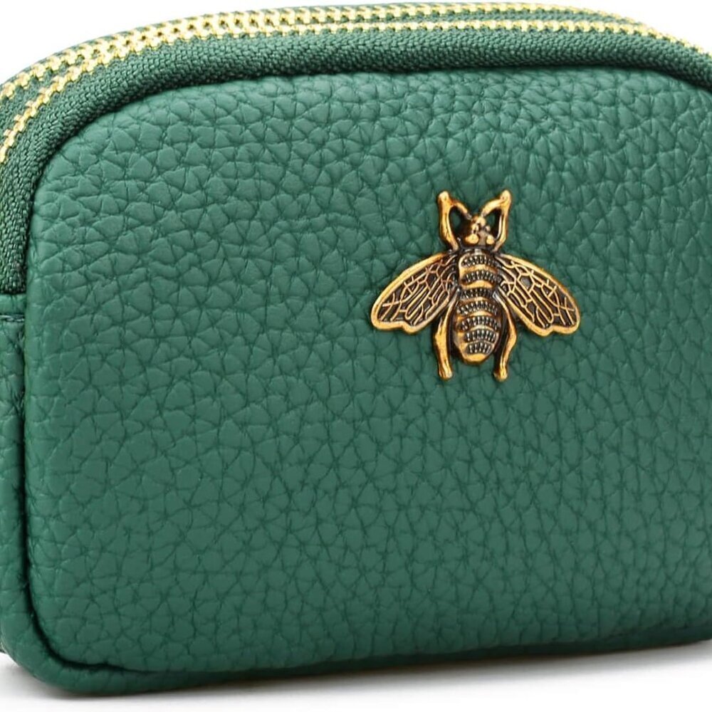 Leather Coin Purse for Women Small 2 Zipper Change Wallet with Key Ring Green
